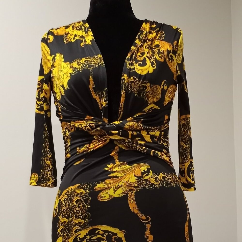 VIJO COUTURE BLACK GOLD CHAIN BAROQUE DRESS WITH PLUNGING NECK LINE SIZE M